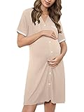 SUNNYME Damen Geburt Stillnachthemd Kurzarm Schwangerschaft Nachthemd V-Ausschnitt Umstandsmode Nachtwäsche mit Durchgehender Knopfleiste