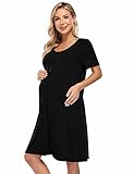 KOJOOIN Nachthemd Damen Geburt Stillnachthemd Kurzarm Schlafanzug Schwangerschaft Pyjama Nachtwäsche mit Durchgehender Knopfleiste Schwarz L