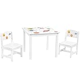 SONGMICS Kindertisch-Set, 3-teilig, Tisch mit 2 Stühlen, Tischbeine aus Massivholz, Kindermöbel, für Kinderzimmer und Spielzimmer, weiß GKR010W01