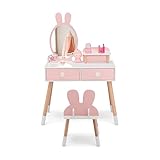 COSTWAY Kinder Schminktisch Set mit Kaninchen Design, 2-in-1-Frisiertisch mit Spiegel, 2 Schubladen & Ablage, Schminkset mit Massivholzbeinen für Mädchen (Rosa)