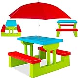 KESSER® Kindersitzgruppe mit Sonnenschirm Kindertisch Picknickset | Sitzgarnitur Tisch und Bänke | Sitzgruppe Kindermöbel Gartenmöbel für Kinder Grün