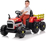 Elektrischer Traktor mit Anhänger,Kinder Elektroauto mit abnehmbarem Anhänger und 2,4G Fernbedienung,12V 3-Gang Kinderfahrzeug mit Scheinwerfer Musik, Hupe & USB Funktionen (Rot)