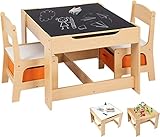 COSTWAY 3 TLG. Kindersitzgruppe, Kindertisch mit 2 Stühlen aus Holz, 3 in 1 Maltisch & Aktivitätstisch & Tafeltisch, Kindermöbel Kindersitzgarnitur für Kleinkinder von 3-7 Jahren (Natur)