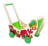 Hess Holzspielzeug 31169 - Puppenwagen aus Holz, Serie Waldtiere, handgefertigt, mit Gummibereifung, für Kinder ab 12 Monaten, ca. 54 x 8,5 x 38,8 cm, für den Spaziergang mit Puppe und Teddy