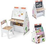 DREAMADE 3 in 1 Kindersitzgruppe, Kinder Tisch Stuhl Set mit magnetischem Whiteboard, Kreidetafel, Bücherregal & Stoffbehälter, multifunktionales Aktivitätstisch Set für Kinder (Weiß)