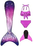 FOLOEO Meerjungfrauenflosse Mädchen Kinder Meerjungfrauenschwanz Zum Schwimmen mit Meerjungfrau Flosse und Bikini Set（4 Stück Set）