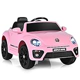 COSTWAY VW Beetle Elektroauto für Kinder, Kinderauto Elektro mit Musik und 2 Beleuchtungsmodi, inkl. 2,4G Fernbedienung, Elektrofahrzeuge für Kinder ab 3 Jahre (Rosa)