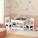 eSituro Kindertisch und 2 Stühle mit Stauraum, 3tlg. Kindersitzgruppe, Maltisch für Kinder, Kindermöbel Set, Tischplatte abnehmbar Weiß