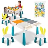 Yakimz 7-in-1-Kinder-Aktivitäts-Tischset, Kindertisch mit 2 Stühle Spieltisch mit 251 Stück Bausteine, Höhenverstellbarer Multifunktionaler Bausteine Set