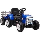HOMCOM Elektrischer Traktor mit Anhänger, Kinder Aufsitztraktor mit Fernbedienung, Kinder Elektroauto mit MP3 Funktion, Kinderfahrzeug mit Scheinwerfer, 3-6KM/H, für 3-6 Jahre Kinder, Blau