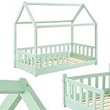 Juskys Kinderbett Marli 80 x 160 cm mit Rausfallschutz, Lattenrost und Dach - Hausbett für Kinder aus Massivholz - Bett in Mint-Grün