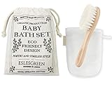 ESLESGREEN Babypflege-Set - Holzbürste und Naturfasern - Waschhandschuh und Kulturbeutel aus Bio-Baumwolle - Geschenk für Neugeborene