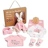 Lictin Geschenke zur Geburt, Rosa Geschenk zur Geburt Mädchen, Babygeschenke zur Geburt Mädchen mit Strampler, Decke, Lätzchen, Socken, Kopftuch, Kaninchen Schmusetuch, Baby Holzschild