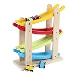 B&Julian® Auto-Rennbahn Holz Kugelbahn Murmelbahn mit 4 Autos Spiel für Kinder Baby Motorik Spielzeug 1 Jahre