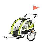 HOMCOM Kinderanhänger 2 in 1 Anhänger Fahrradanhänger Jogger 360° Drehbar für 2 Kinder Grün-Schwarz