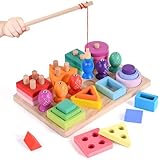 Hoiloie Montessori Spielzeug ab 1 Jahr,holzspielzeug&Stapelspielzeug,3 in 1 Farbe Erkennung Form Sorter Angelspiel,Lernspielzeug Geschenk für 123 Jahre Kleinkind Mädchen Junge