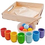 Ulanik Regenbogen Bälle in Tassen Kleinkinder Montessori Spielzeug ab 1 Jahr + Baby Sensorik Bälle Holzspiele zum Zählen und Sortieren Farben Lernen — 7 Kugeln