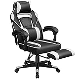 SONGMICS Gamingstuhl, Schreibtischstuhl mit Fußstütze, Bürostuhl mit Kopfstütze und Lendenkissen, höhenverstellbar, ergonomisch, 90-135° Neigungswinkel, bis 150 kg belastbar, schwarz-weiß OBG73BW