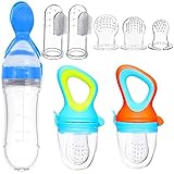 Baby Food Feeder Fresh Food Fruit Feeder Pacifier 3 Different Sized Silicone Teething Pacifiers 1 Pack Baby Food Dispensing Spoon 2 Pack Baby Finger Toothbrush Baby Feeders Silicone (Blue)