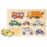 Goki 57996 Steckpuzzle 8-teilig Natürlicher Holzhintergrund | Kinder Holzpuzzle mit Feuerwehr, Polizei, Bagger & weiteren, bunten Fahrzeugen |, Spielzeug ab 1 Jahr