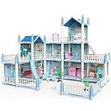 deAO Puppenhaus– 3-stöckiges DIY Rollenspiel-Spielset, Puppenhaus-Zubehör und Möbel, Geschenk für 6 7 8 9 Mädchen Kleinkinder (BLAU)