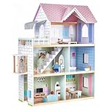 Giant bean Puppenhaus Holz, 80 cm Hoch, mit Aufzug, Türklingel, Licht, 15 Möbelstücken und 3 Puppen, Spielzeuggeschenk für Mädchen im Alter von 3+ Jahre