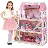 ROBUD Holz Puppenhaus für Kinder, Puppenhaus-Spielzeuggeschenk für Mädchen und Jungen im Alter von 3, 4, 5, 6 Jahren