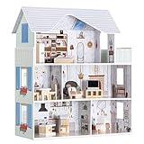 Navaris Puppenhaus aus Holz - inkl. 11x Möbel 4X Zubehör - für Kinder ab 3 Jahren - Spielzeug Puppenstube 3 Etagen 69,5 x 62 x 27 cm
