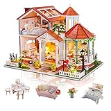 Cuteefun DIY Puppenhaus Miniatur Haus mit Musik und Möbeln Selber Bauen, Bastelset Erwachsene, Handgemachtes Geburtstagsgeschenk für Frauen, Farbige Glasurzeit