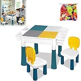 JOIEYOU Kindertisch Aktivitätstisch Set mit 2 stühlen und 163 Stück Bausteine doppelseitiger Tischplatte Multifunktionaler Bausteintisch Kinderspieltisch Schreibtisch(TYP A)