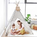 Tiny Land Tipi Spielzelt für Kinder Kinderzimmer mit Gepolsterter Decke & Lichterkette- Drinnen Baumwolle Segeltuch Kinderzelt Indianerzelt (Grauer Chevron 165cm Hoch)…