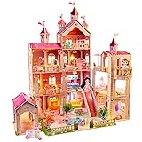 LADUO Puppenhaus, mit 49 Zubehörteilen für Möbel und Lichter. Großes Puppenhaus-Spielzeug mit 4 Etagen (Höhe 102 x Länge 93 x Breite x 63 cm) für Mädchen von 3 bis 6 Jahren.