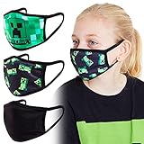 Minecraft Mundschutz Kinder, Mundschutz Maske Jungen und Mädchen 3er Pack, Creeper Design Maske Kinder Waschbar, Mund und Nasenschutz Kinder und Teenager