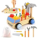 DINORUN Werkzeug Kinder Montessori Spielzeug ab 3 4 5 Jahre，Kinderwerkzeug Holzspielzeug Motorikspielzeug mit Aufbewahrungstasche, Geschenk Kinderspielzeug für Mädchen Junge