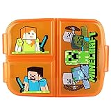 p:os p:os Minecraft Brotdose für Kinder mit 3 Fächern, Lunchbox aus Kunststoff mit Clip-Verschlüssen, Vesperdose für Kindergarten, Schule und Freizeit